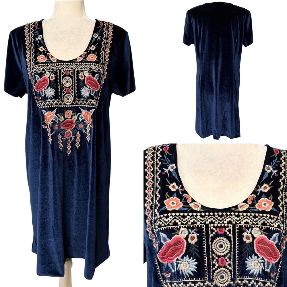 Womens L Dress Navy Blue Velvet Floral Embroidered Boho Hippie Ethereal Edgy